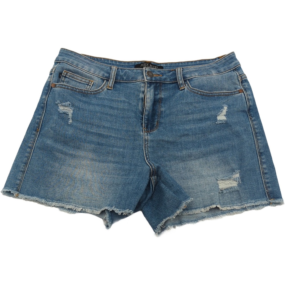 Judy Blue Distressed Raw Hem Denim Shorts Medium Wash JB150059 Size L